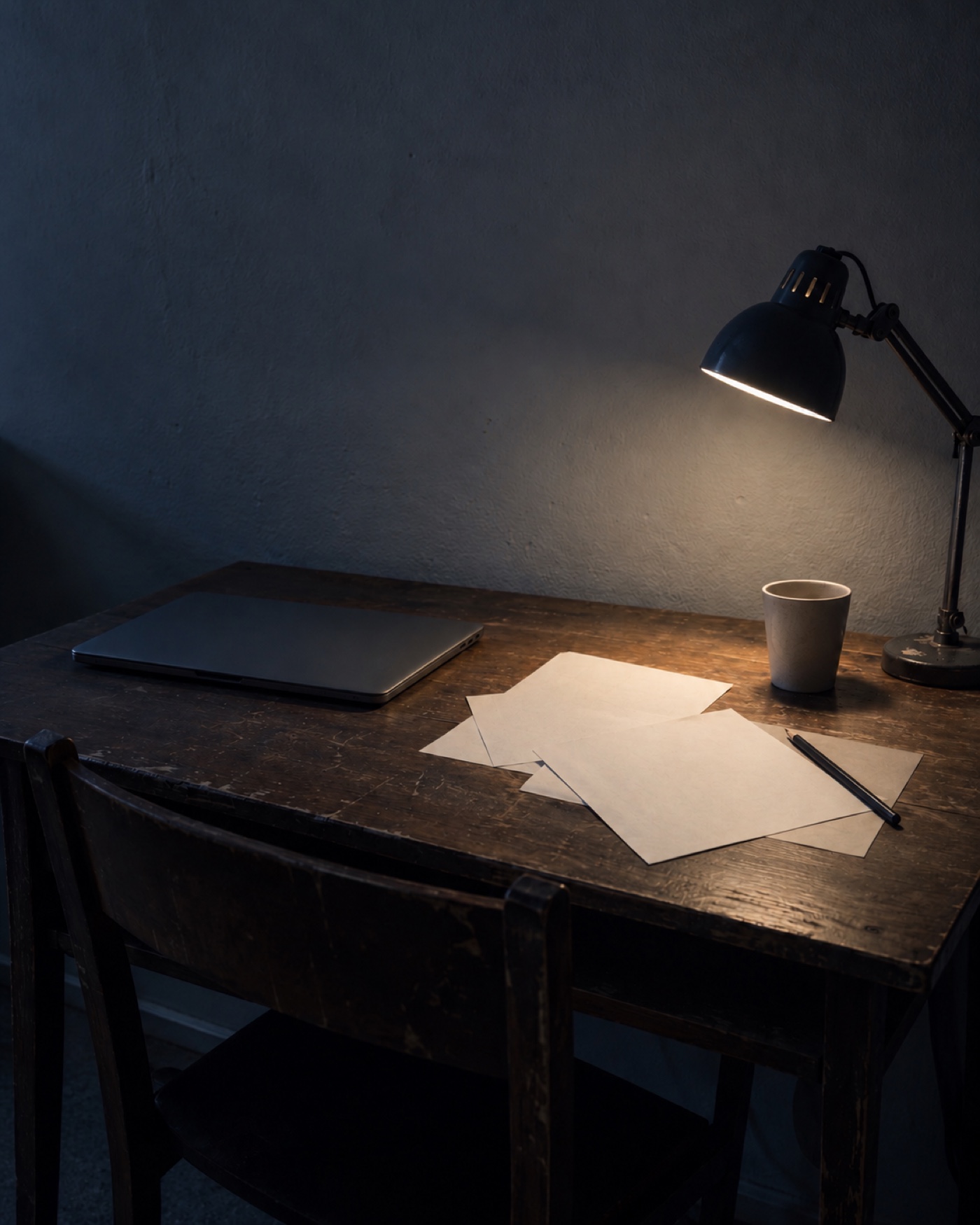 A desk at night with a closed laptop, notes and a lamp