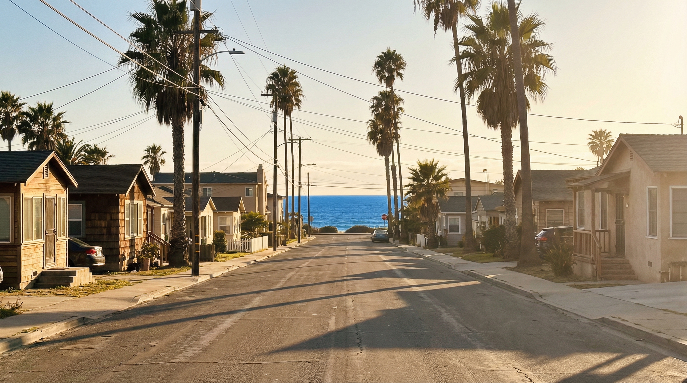 Residential street with ocean visible at the end of the block
