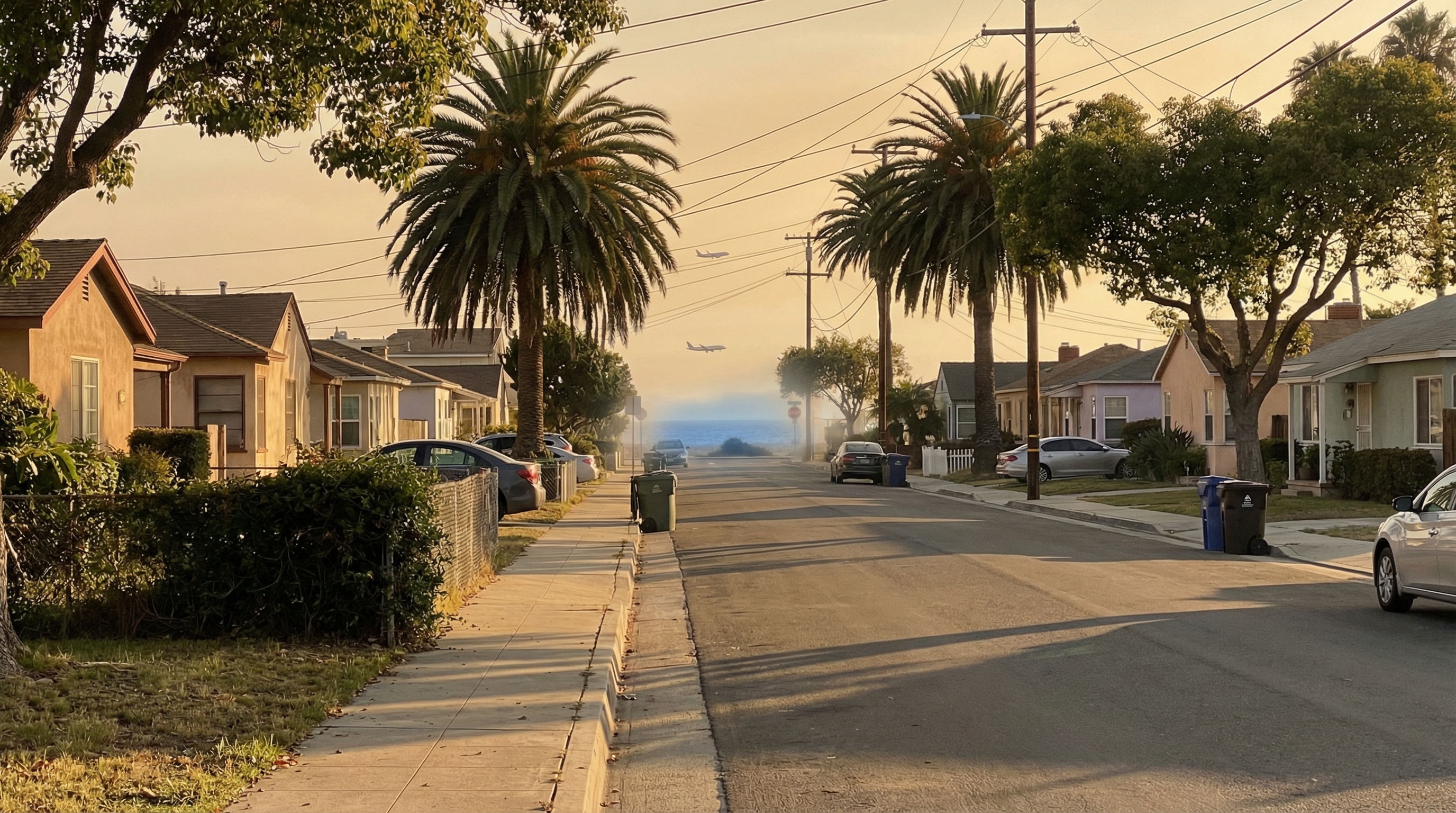 Quiet residential street in Playa del Rey with ocean visible in the distance